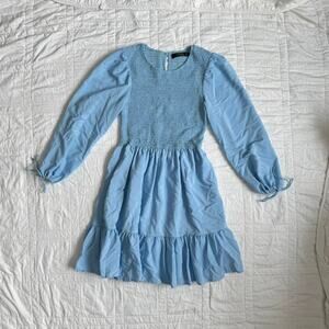 Zesica Women’s Small Blue Smocked Dress Long Sleeve Tiered Mini Dress, Boho Chic